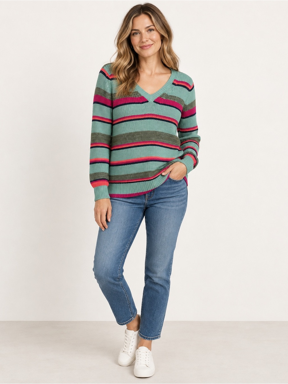 Belle Boho by Kim Gravel Shaker Knit Striped V-Neck Sweater Size M